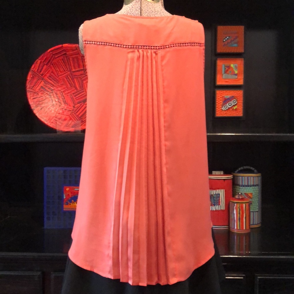 Ann Taylor sleeveless pleat-back coral top with ladder-lace detailing